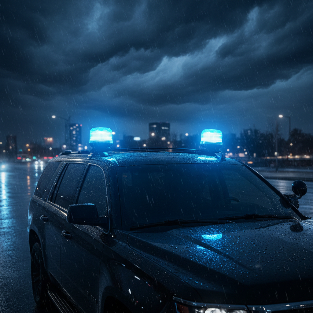 Blue beacon on SUV in rain