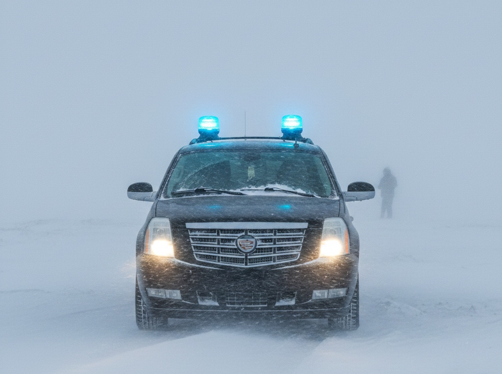 Blue beacon on SUV in blizzard