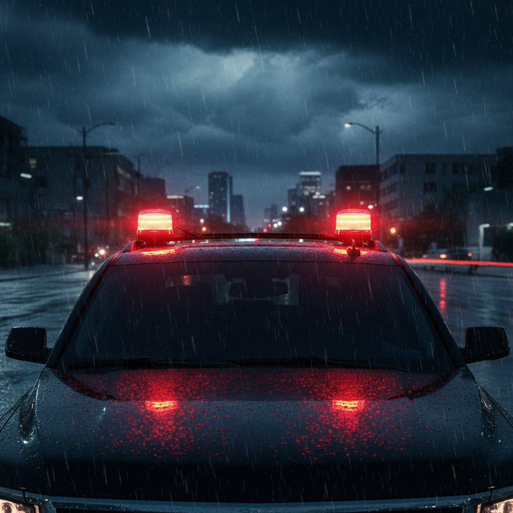 Red beacon on SUV city rain