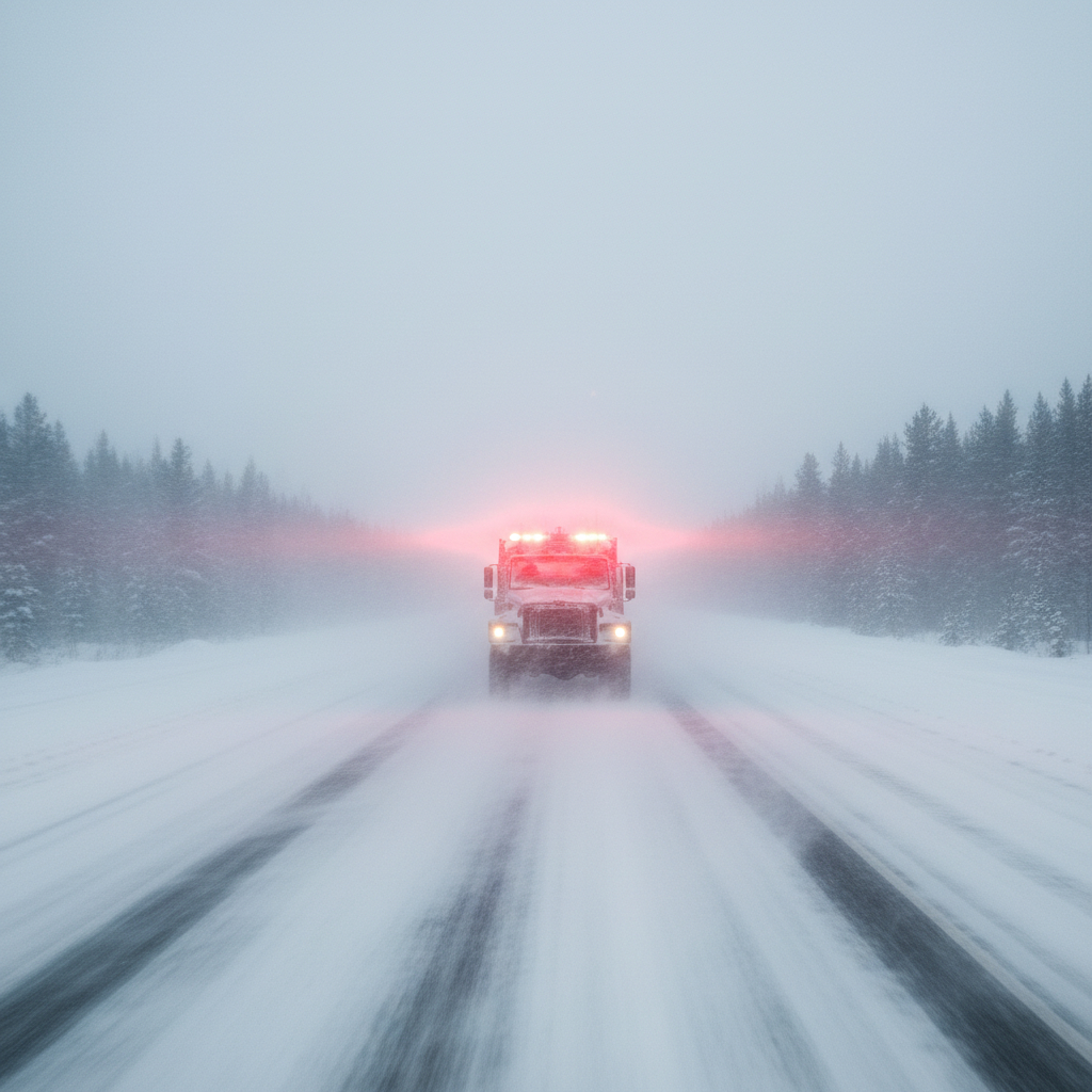 Red beacon on truck blizzard highway