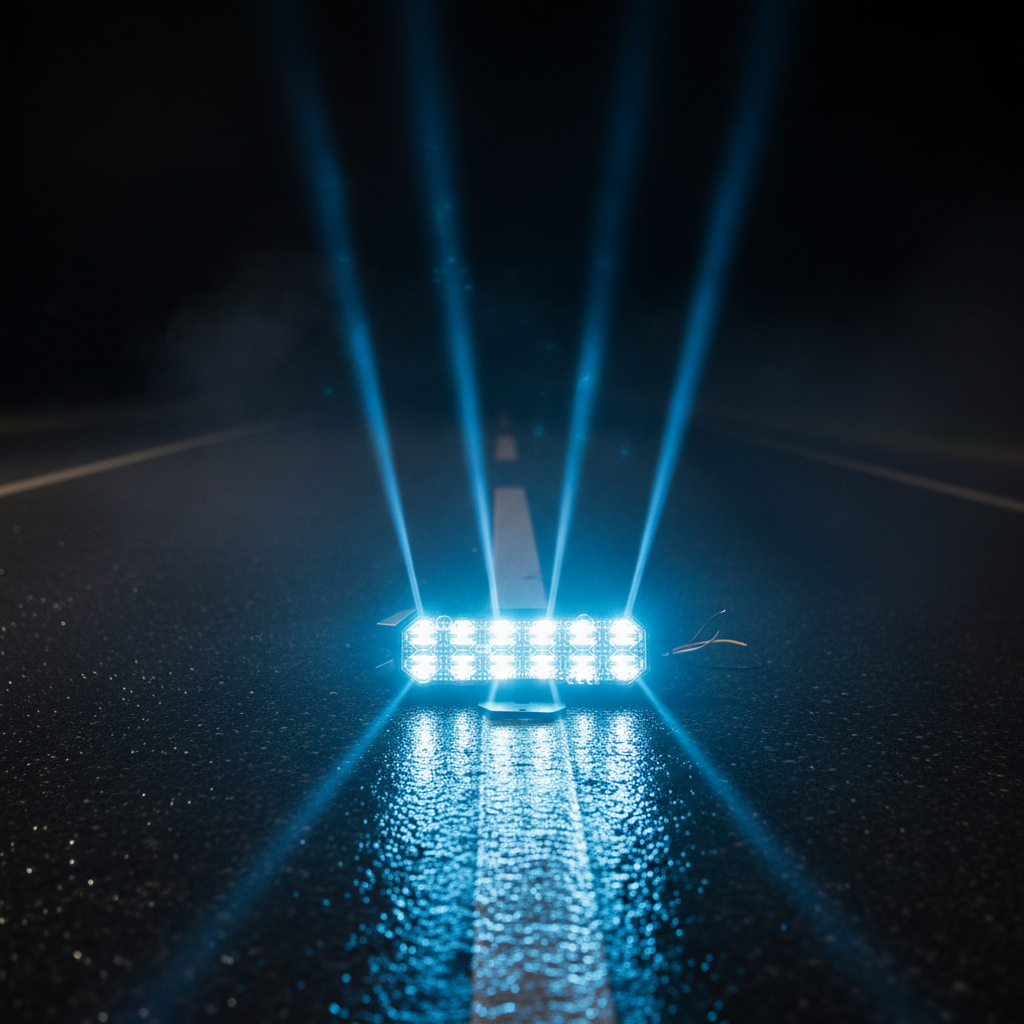 Wide Grille Strobe blazing on wet road at night